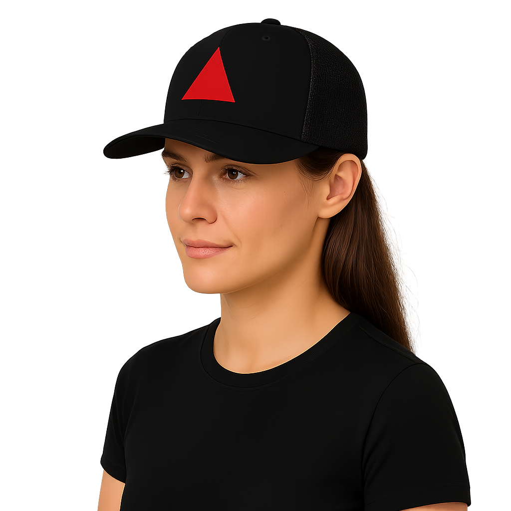 Model wearing a black cap with a red triangle logo on a white background