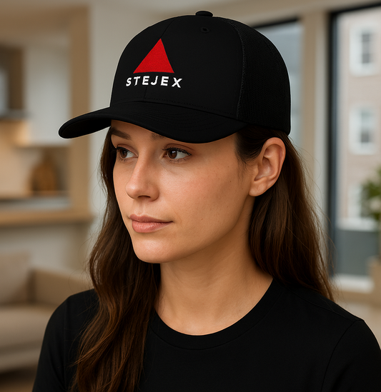 Model wearing a black cap with a red triangle logo and 'STEJEX' text in an indoor setting.