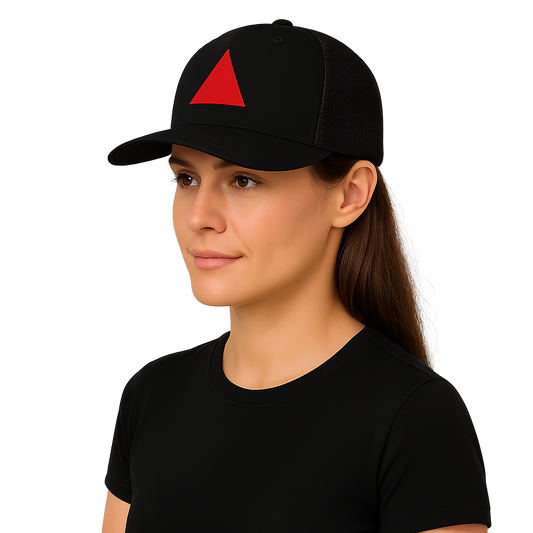 Model wearing a black cap with a red triangle logo on a white background