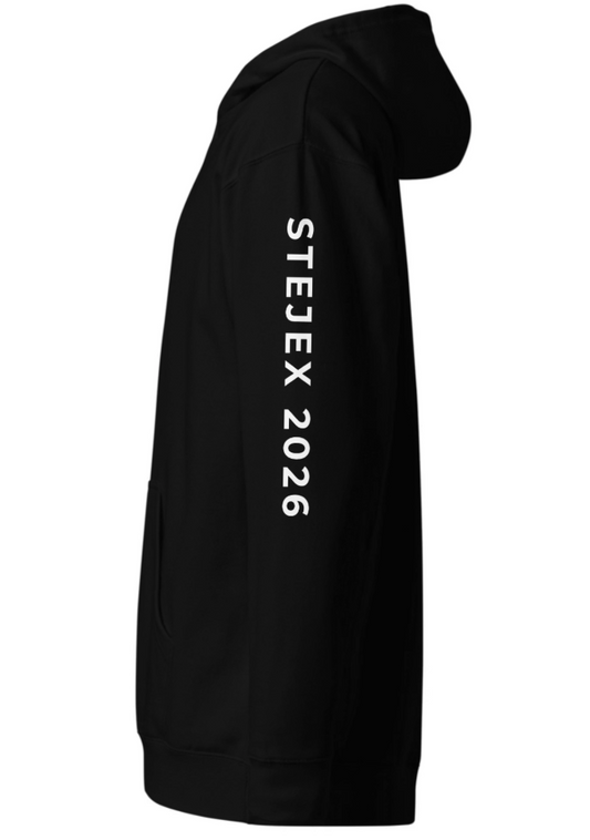 Black hoodie with 'STEJEX 2026' text on left sleeve, clean background.