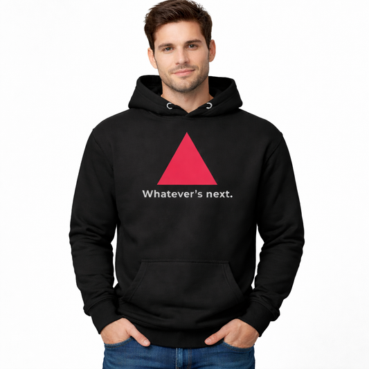 Model wearing a black hoodie with a red triangle and text on a white background.