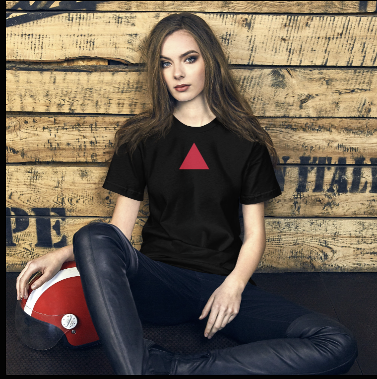 Model wearing STEJEX black t-shirt with a red triangle on the chest against a wooden background.