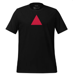 Minimalist black t-shirt with a red triangle on a white background.