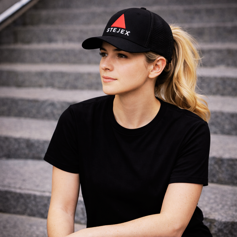 Model wearing a black trucker cap with a triangle logo and text, sitting on stairs.