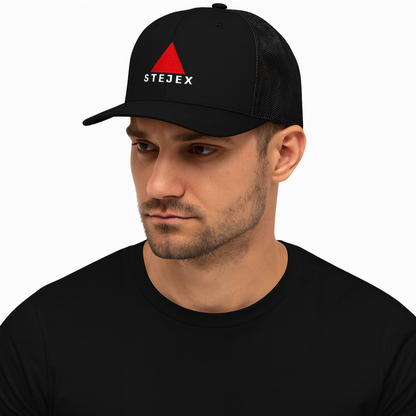 Model wearing a black trucker cap with a triangle logo and text, clean background.