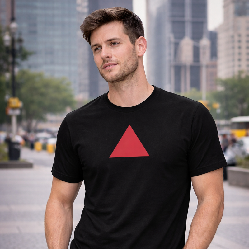 Model wearing a black t-shirt with a red triangle logo walking on a city street.
