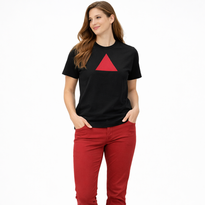 Model wearing a black t-shirt with a red triangle design on a white background.