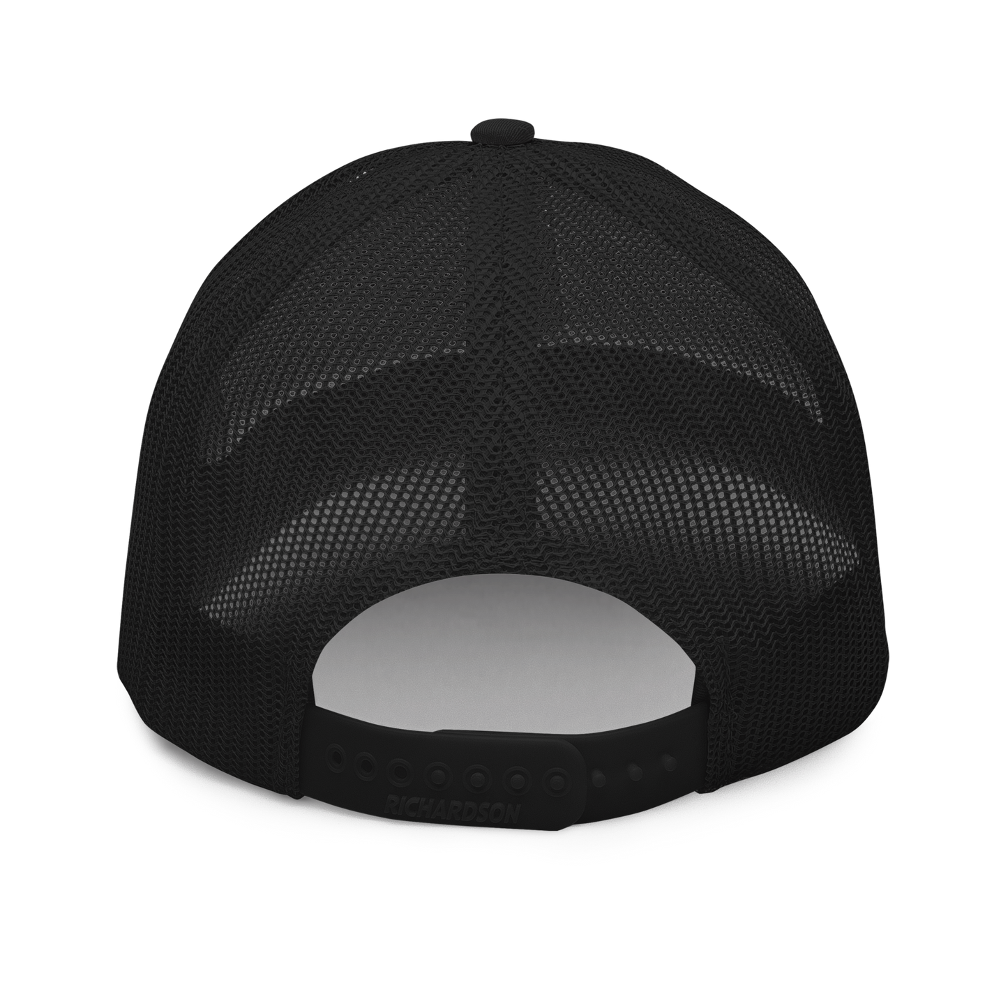Black Trucker cap back view on clan background.