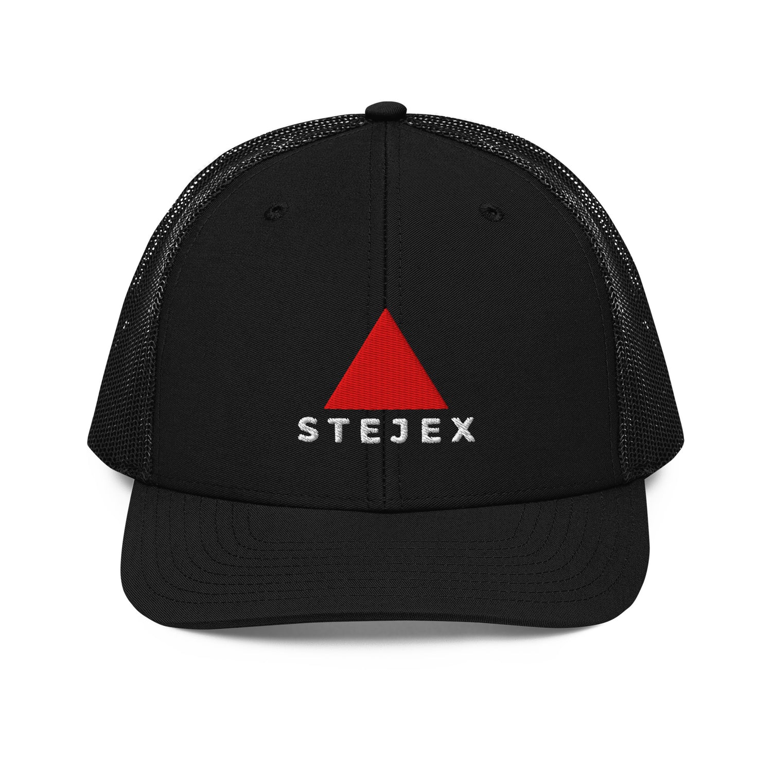 STEJEX Black Trucker Cap with red triangle logo and text Stejex.