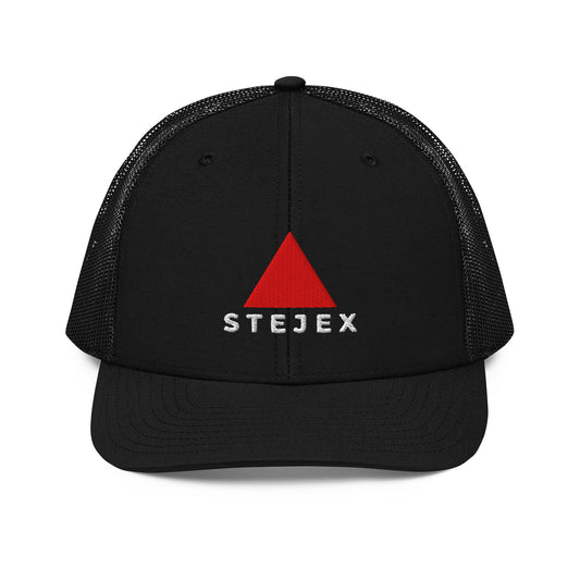 STEJEX Black Trucker Cap with red triangle logo and text Stejex.