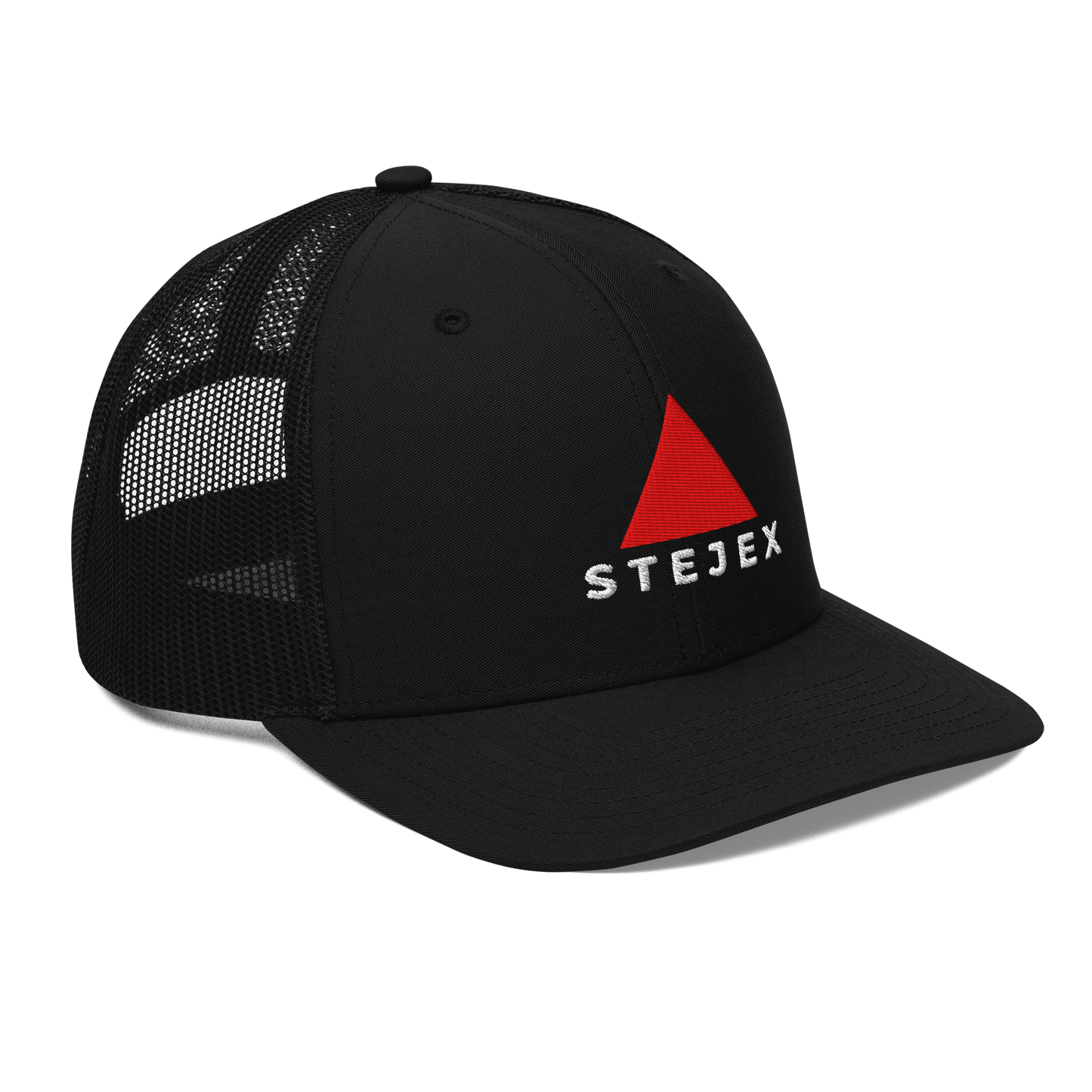 Side view trucker cap with red triangle graphic and text Stejex on clean background.