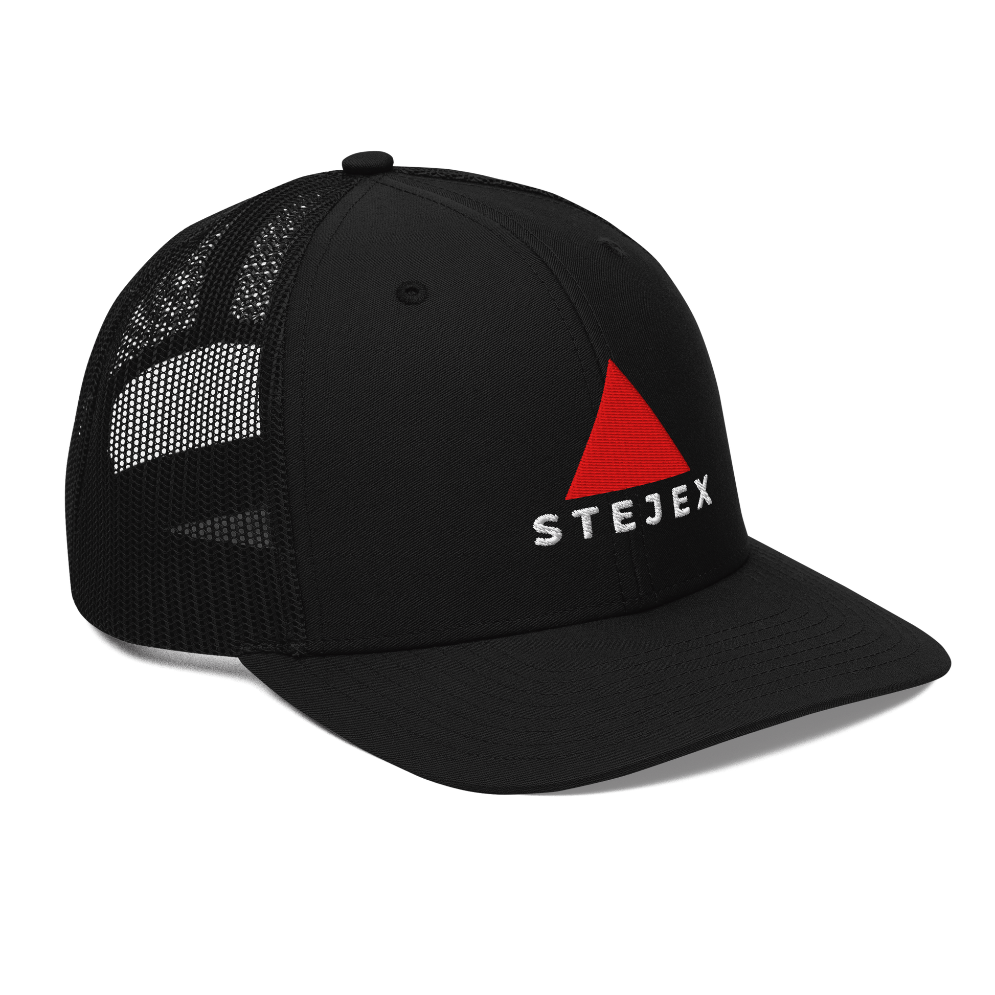 Side view trucker cap with red triangle graphic and text Stejex on clean background.