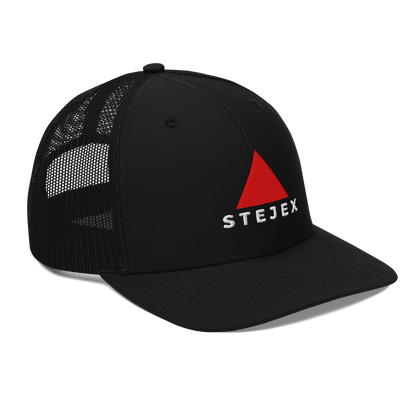Side view trucker cap with red triangle graphic and text Stejex on clean background.