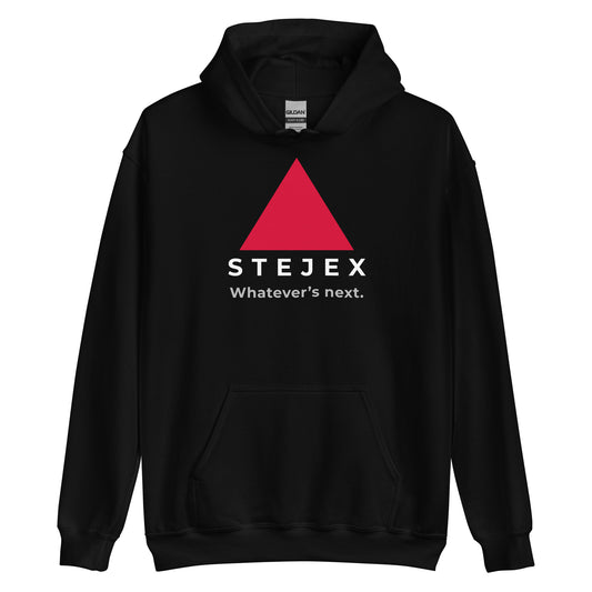 Minimalist black hoodie by STEJEX with red triangle front design and STEJEX text.

