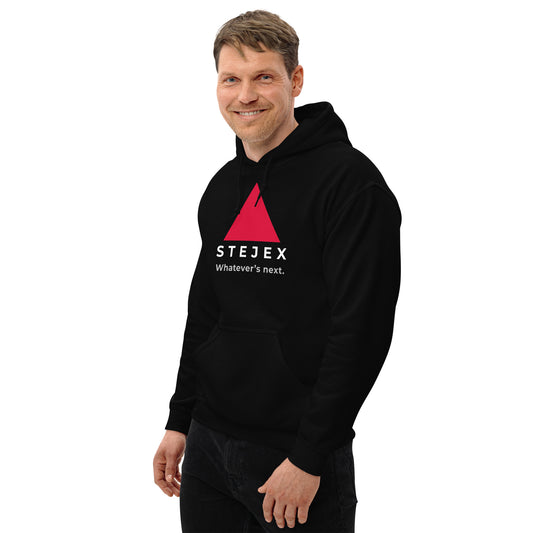 Model wearing a black hoodie with a red triangle and 'STEEJEX Whatever's next.' text on a white background.