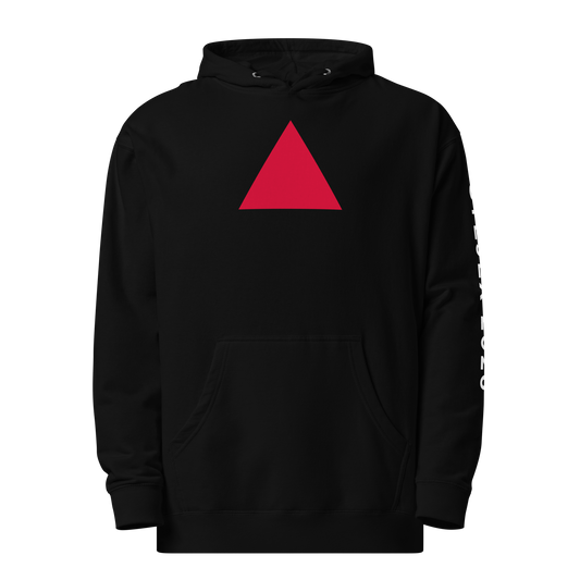 Minimalist black hoodie front view graphic triangle design.