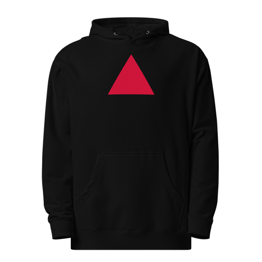 Minimalist black hoodie with a front red triangle logo on a clean background.