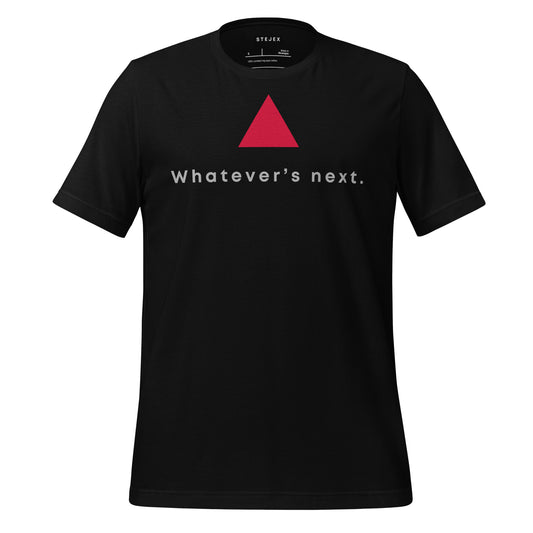 Minimalist black t-shirt with red triangle graphic and text.