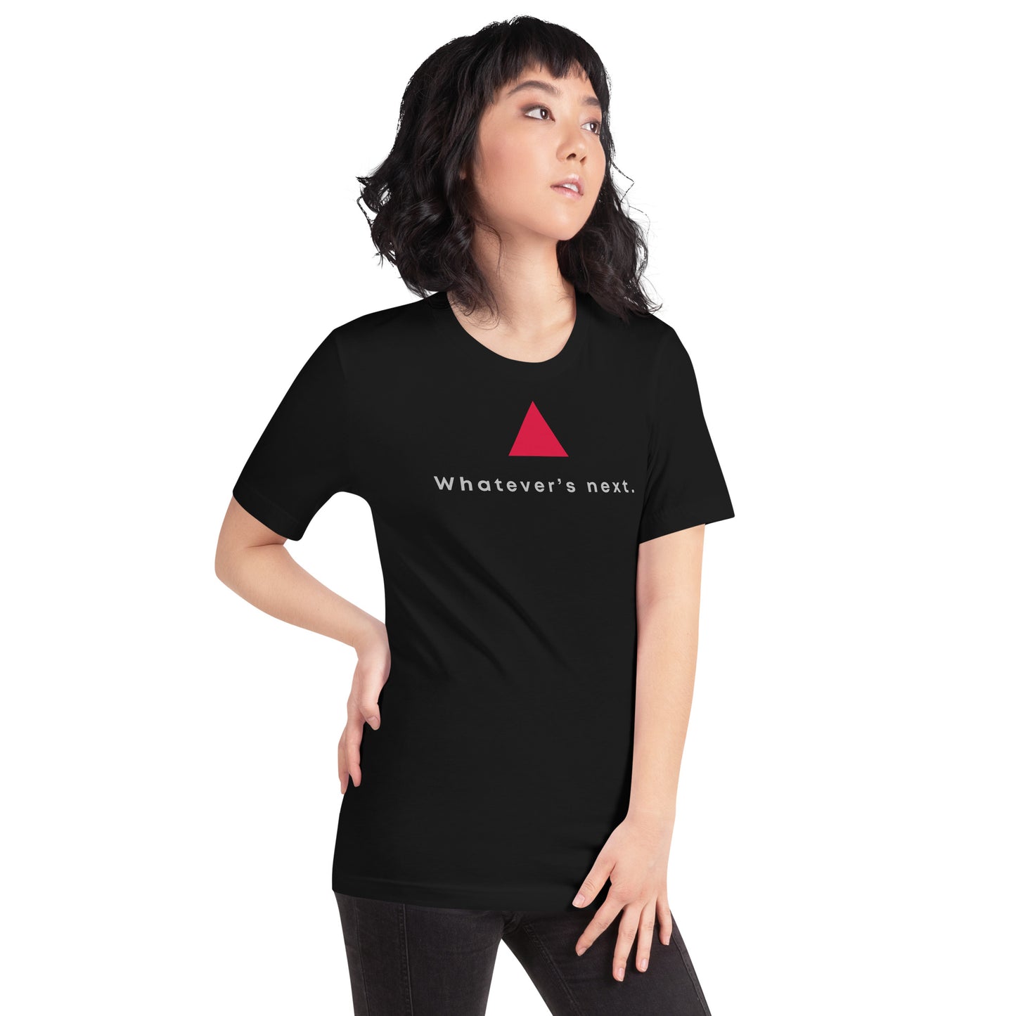 Model wearing a black t-shirt with a red triangle and text, clean background.